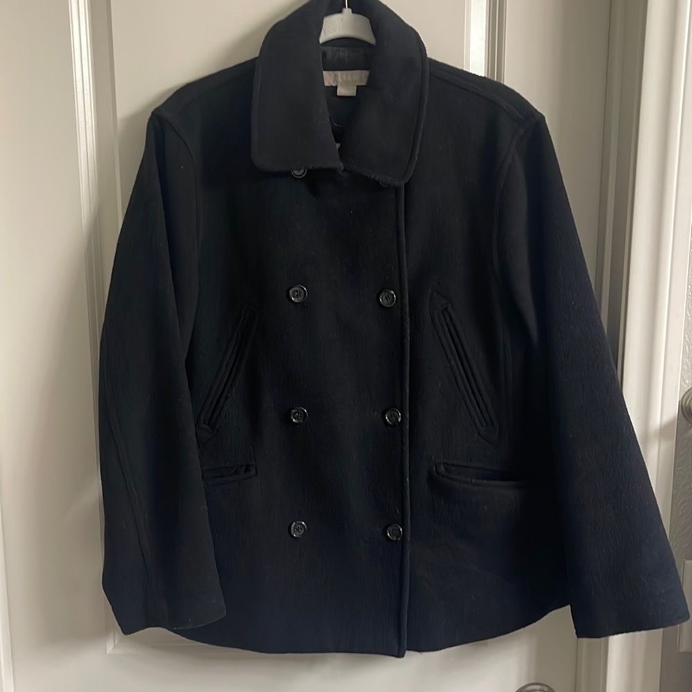 J Crew Vintage Black Wool Blend Double Breasted Peacoat Jacket in size Medium